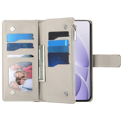 Light gray leather phone wallet case open to show card compartments and zipper