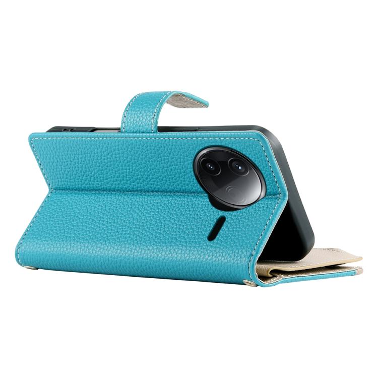 Blue leather flip phone wallet case with camera cutout and short strap loop