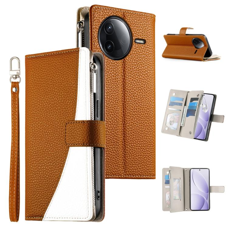 Brown leather phone wallet case with flip cover, card slots, and wrist strap