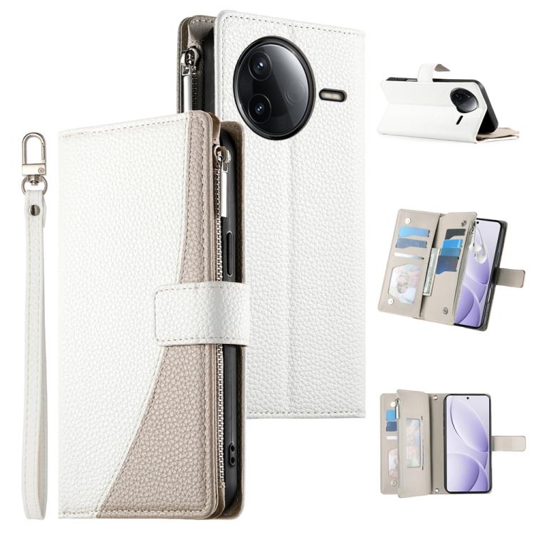 White leather phone wallet case with zipper closure and wrist strap