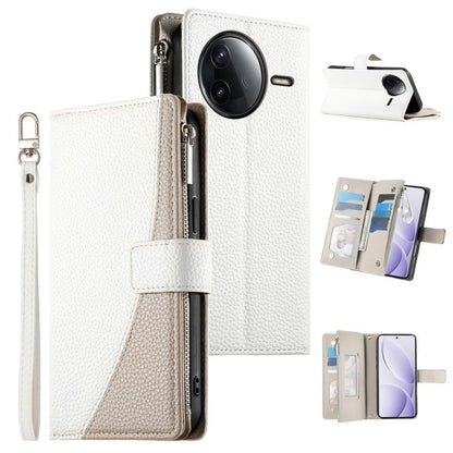 White leather phone wallet case with zipper closure and wrist strap