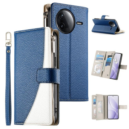 Blue leather phone wallet case with wrist strap and card slot compartments