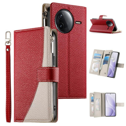 Red leather phone wallet case with zipper closure, card slots, and wrist strap