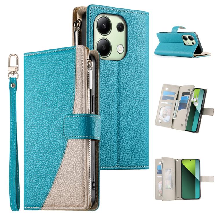 Blue textured leather zipper wallet phone case with short wrist strap and card slots