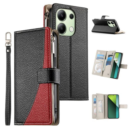 Black textured leather zipper wallet phone case with short wrist strap and card slots