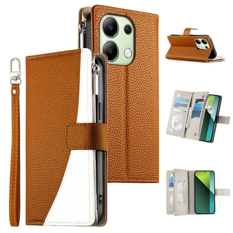 Brown textured leather zipper wallet phone case with short wrist strap and card slots