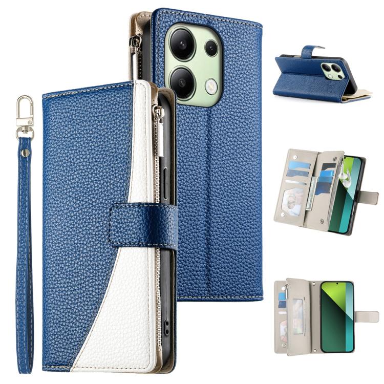 Dark blue textured leather zipper wallet phone case with short wrist strap and card slots