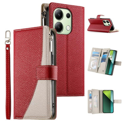 Red textured leather zipper wallet phone case with short wrist strap and card slots