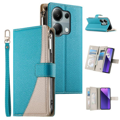 Teal leather multi-card zipper wallet phone case with short wrist strap and flip cover
