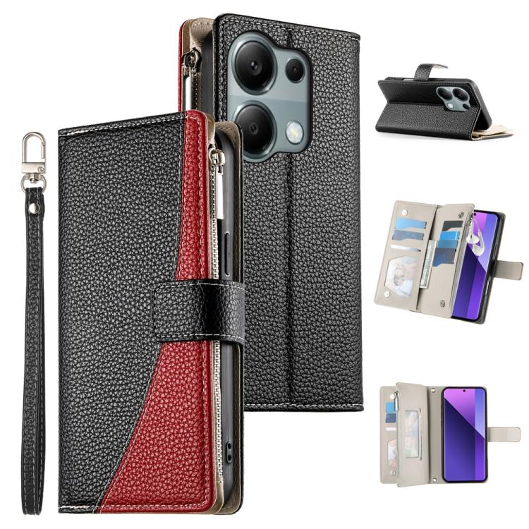 Black leather multi-card zipper wallet phone case with short wrist strap and flip cover