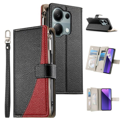 Black leather multi-card zipper wallet phone case with short wrist strap and flip cover