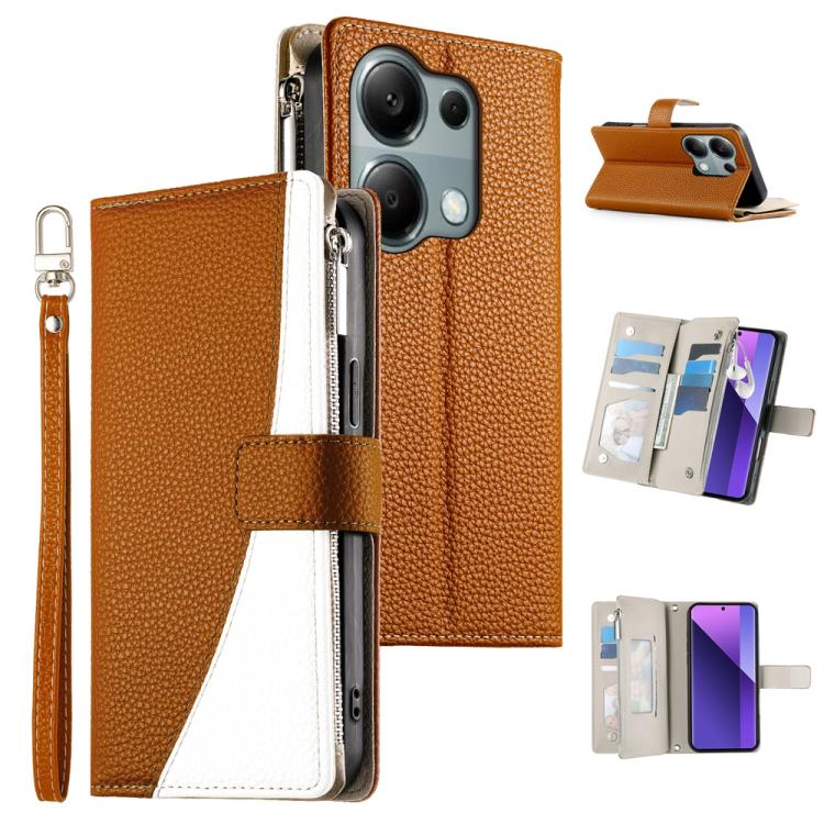 Two-tone brown zipper wallet phone case, multi-card slots, short strap