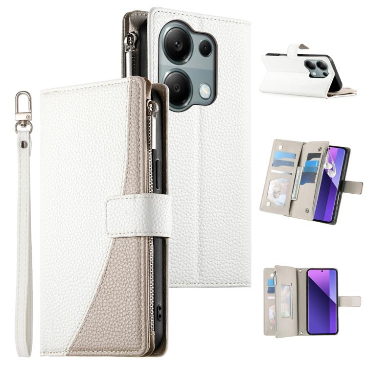 Two-tone white zipper wallet phone case, multi-card slots, short strap