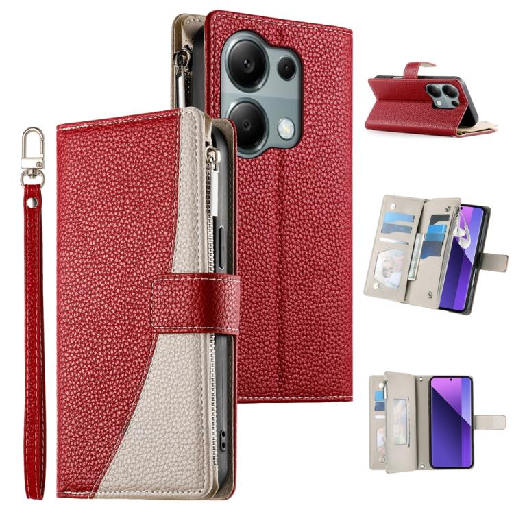 Two-tone red zipper wallet phone case, multi-card slots, short strap