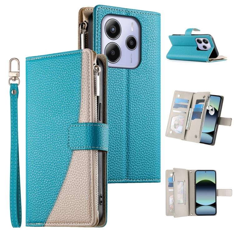 Turquoise leather zipper wallet phone case with short wrist strap and card slots