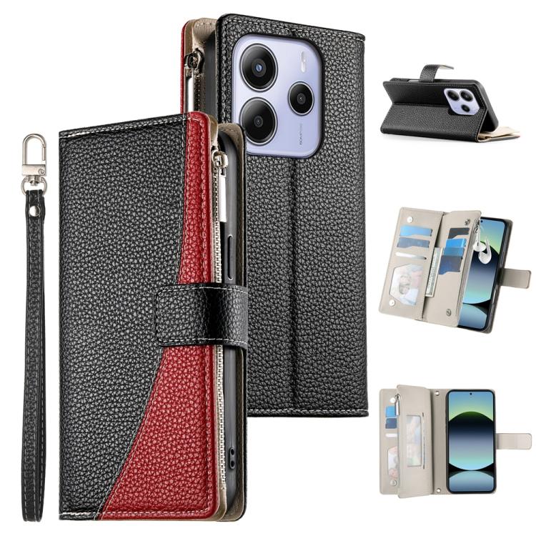 Black leather zipper wallet phone case with wrist strap and card slots