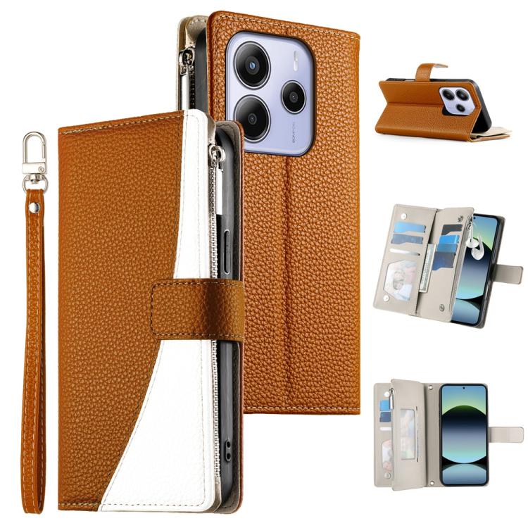 Brown leather zipper wallet phone case with wrist strap and card slots