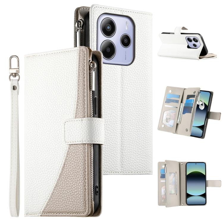 White leather zipper wallet phone case with wrist strap and card slots