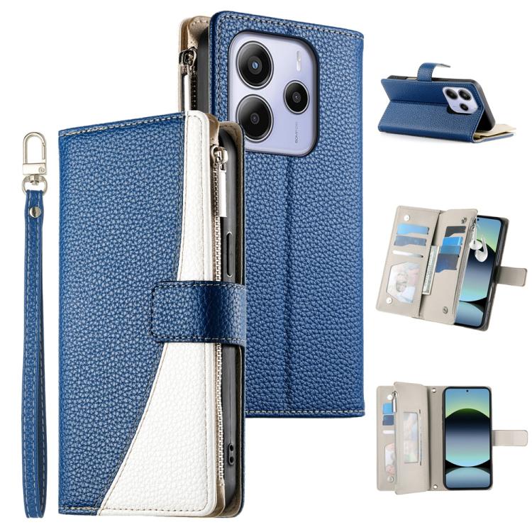 Blue leather zipper wallet phone case with wrist strap and card slots
