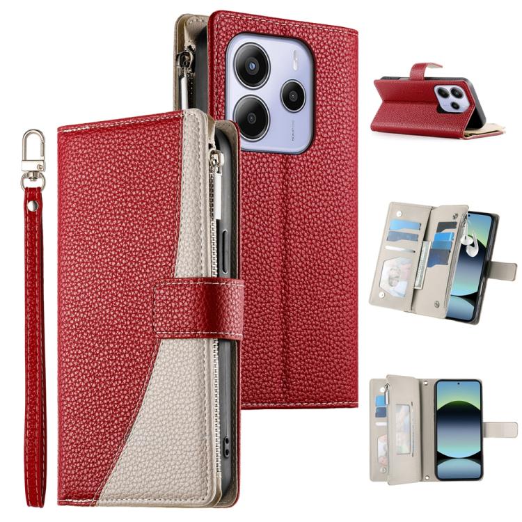 Red leather zipper wallet phone case with wrist strap and phone camera window