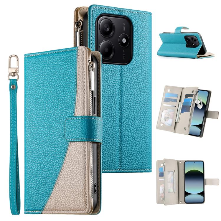 Turquoise leather zipper wallet phone case with short strap and card holder