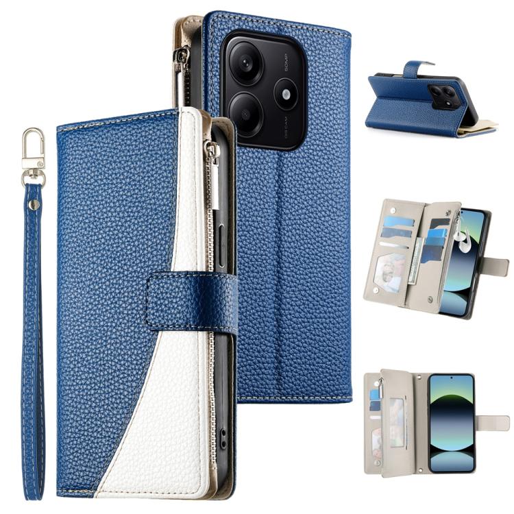Blue leather phone wallet case with zipper, short strap, and card slots