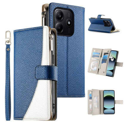Blue leather phone wallet case with zipper, short strap, and card slots