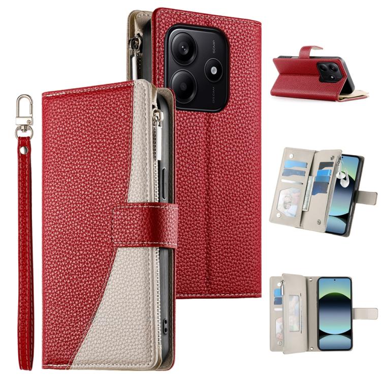 Red leather phone wallet case with zipper, short strap, and card slots