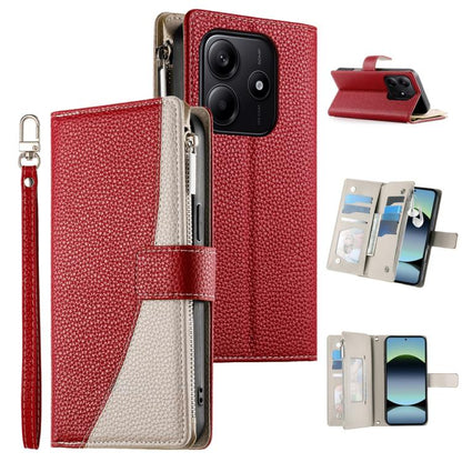 Red leather phone wallet case with zipper, short strap, and card slots