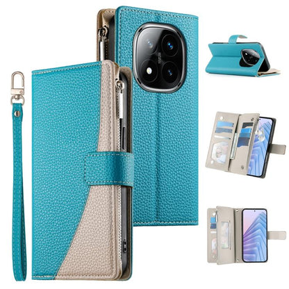 Teal leather wallet phone case with zipper, card slots, and wrist strap; cream stitched panel