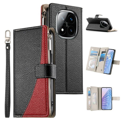 Black leather wallet phone case with zipper, card slots, and wrist strap; red stitched panel