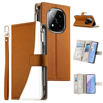 Brown leather wallet phone case with zipper, card slots, and wrist strap; white stitched panel
