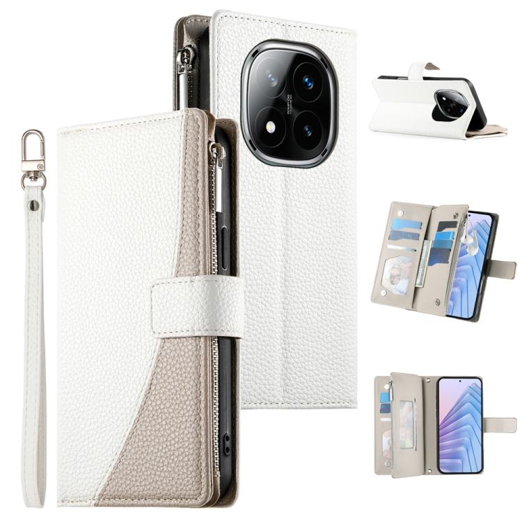 White leather zipper wallet phone case with wrist strap and card slots