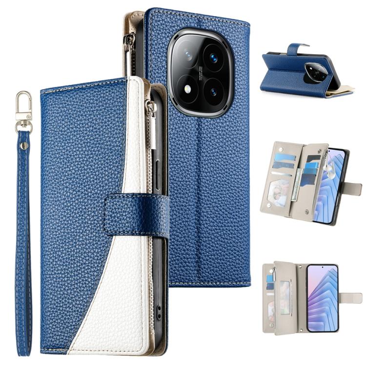 Dark blue leather zipper wallet phone case with wrist strap and card slots