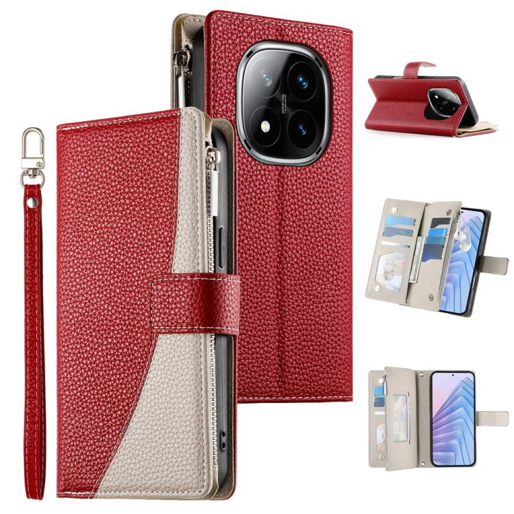 Red leather zipper wallet phone case with wrist strap and card slots