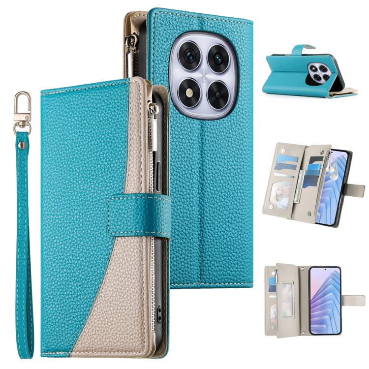 Turquoise leather phone wallet case with zipper, short strap, and card slots