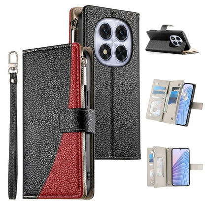Black leather phone wallet case with zipper, short strap, and card slots