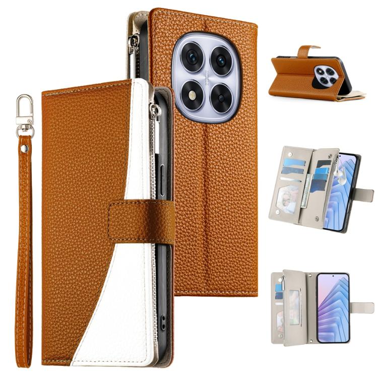Brown leather phone wallet case with zipper, short strap, and card slots
