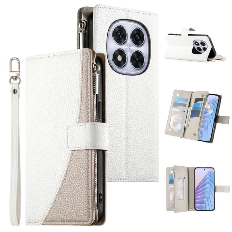 White leather phone wallet case with zipper, short strap, and card slots