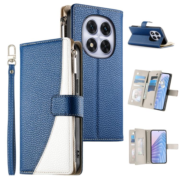 Blue leather phone wallet case with zipper, short strap, and card slots