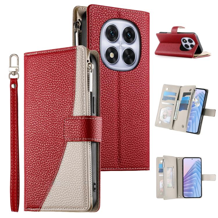 Red leather phone wallet case with zipper, short strap, and card slots