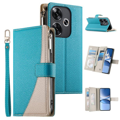 Blue leather phone wallet case with zipper, multi-card slots, and wrist strap