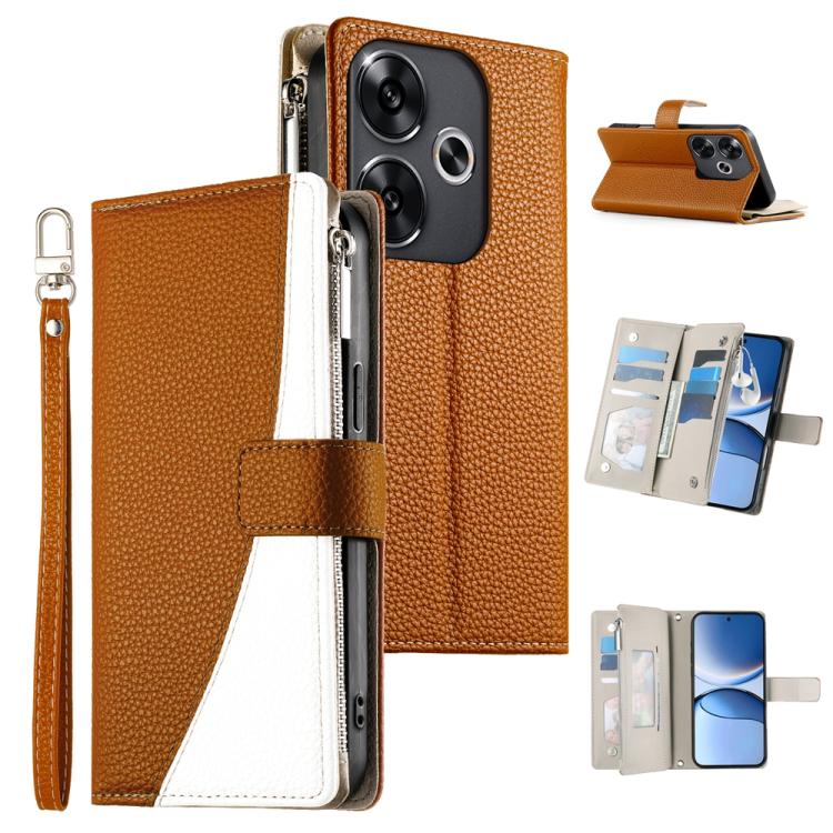 Brown leather phone wallet case with zipper, multi-card slots, and wrist strap