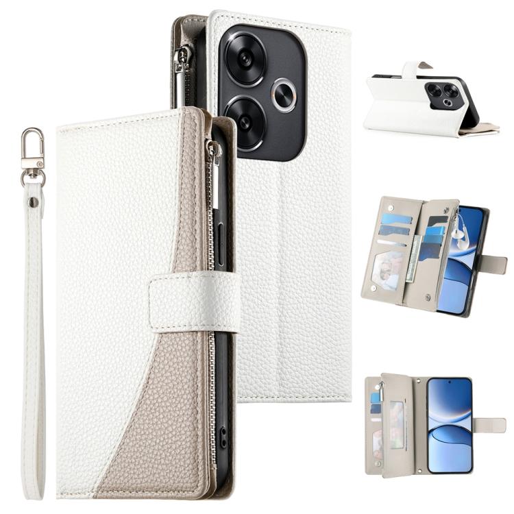 White leather phone wallet case with zipper, multi-card slots, and wrist strap