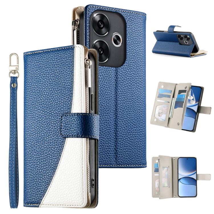 Dark blue leather phone wallet case with zipper, multi-card slots, and wrist strap