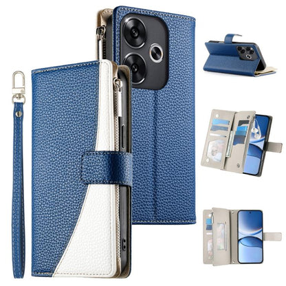 Dark blue leather phone wallet case with zipper, multi-card slots, and wrist strap