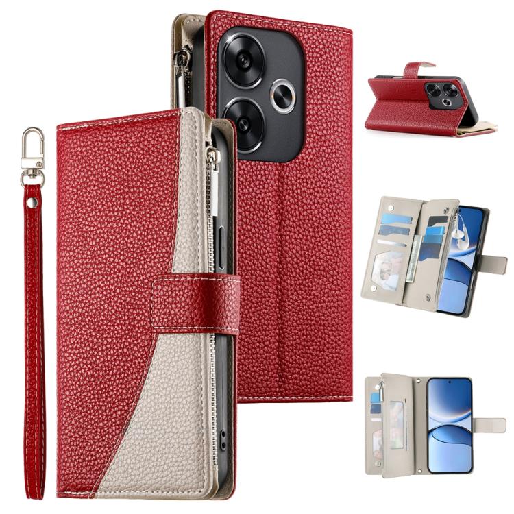Red leather phone wallet case with zipper, multi-card slots, and wrist strap