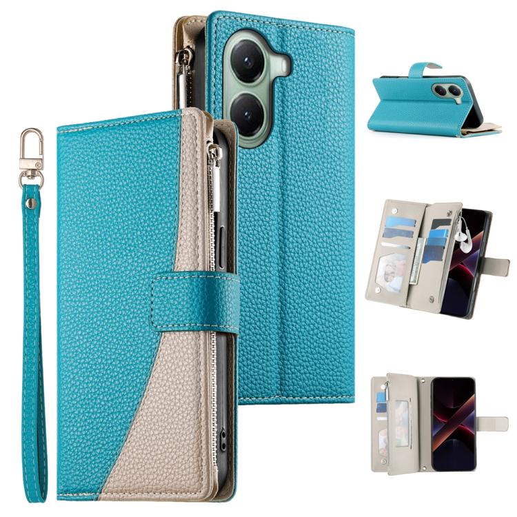 Blue leather wallet phone case with zipper, card slots, and wrist strap; stitched interior panel