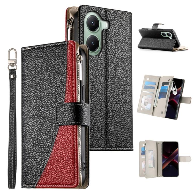 Black leather wallet phone case with zipper, card slots, and wrist strap; red stitched panel