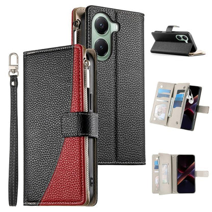 Black leather wallet phone case with zipper, card slots, and wrist strap; red stitched panel